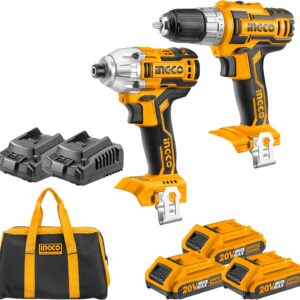 INGCO 20V Cordless Drill & Brushless Impact Driver Kit, 3Pcs Battery Pack, 2Pcs Charger